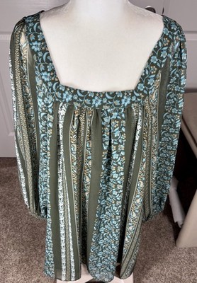 Anthropologie Sona Blue Motif Paisley Square Neck Billowy Tunic Dress Size M