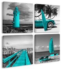 Beach Wall Art Teal Wall Decor Bathroom Decor Sets Accessories Black and Whit...