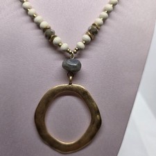 Wood Beaded Gray Bead Necklace W Goldtone Hammered Circle 30" W/ 3" Extender