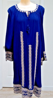 Women summer dress long sleeves dark blue color, embroidered, lined L size.