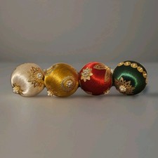 Vintage Lot 4 Satin Silk Christmas Ball Ornaments Bead Sequin Gold Metal