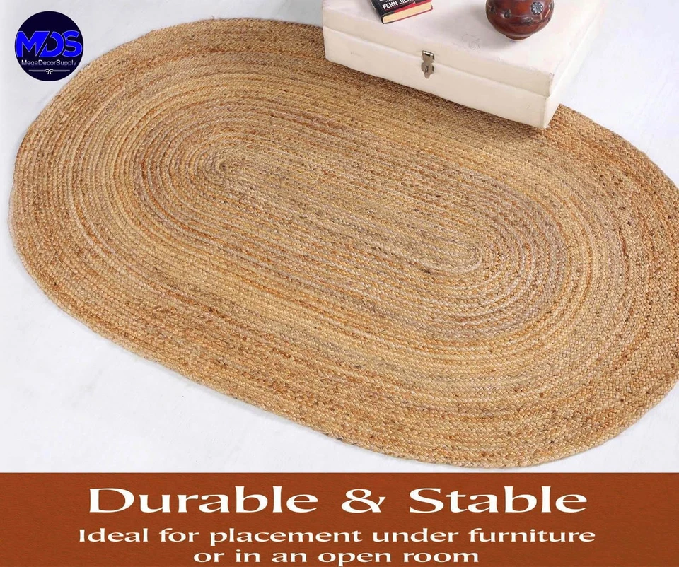 Alfombra de yute trenzada tejida a mano MDS Navidad - 2x4 pies ovalada, arpillera natural... Foto 2 de 4