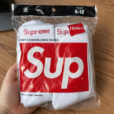    Supreme Hanes Collab Crew Socks White 4 Pair Pack Size 6-12 Comfort New 2026