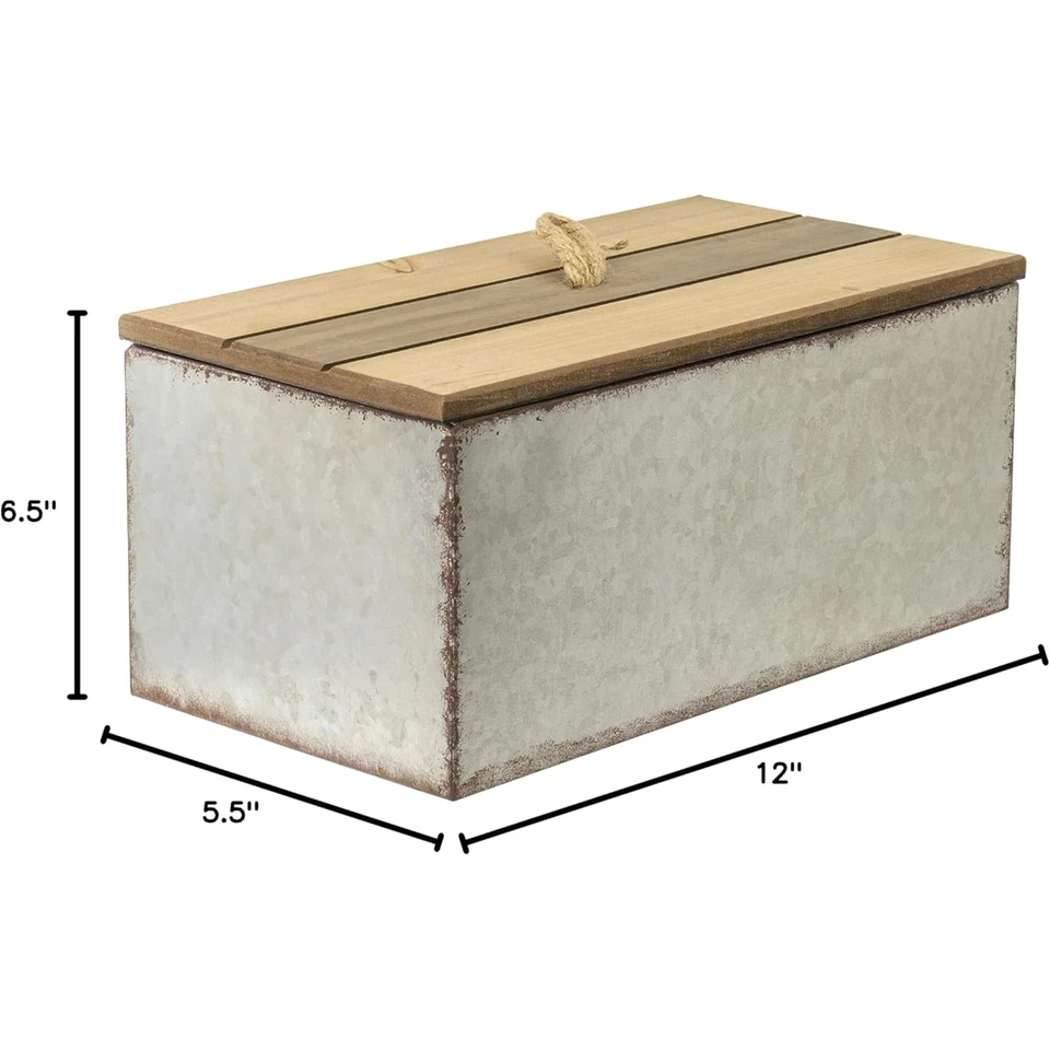 Decorative Rustic Galvanized Metal Storage Box with Wooden Lid 12"W x 6.5"D - Image 4 of 4