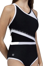 Sylvia P Gymnastics Leotard w/ Logo Adult S Black White w/ Double Strap Back