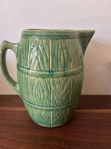 1926 8 Inch Nelson McCoy Pottery Banded Barrel Green Tankard Stoneware Pitcher