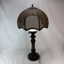 Vintage 70's Tropical BAMBOO LAMP Wicker Shade White Glass Globe Boho Chic