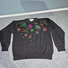 Jessica Roberts Black Floral Sequin Crew Neck Sweater Women Size M FREE SHIPPING