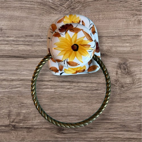 Ceramic Bathroom Towel Brass Ring Holder Sunflowers Hand Painted ...