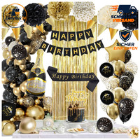 Geburtstagsdeko Schwarz Gold Set Mit Happy Birthday Banner Luftballons Pompons