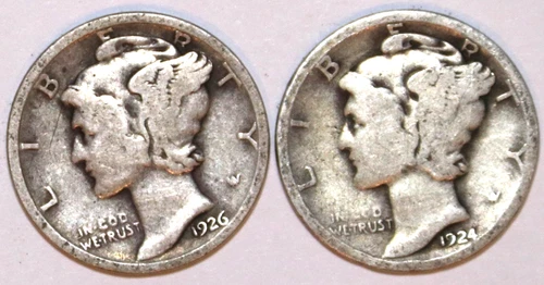 (2) Mercury Dimes - 1924P(Very Good) 1926P(Very Good) - #2498AT FREE SHIPPING