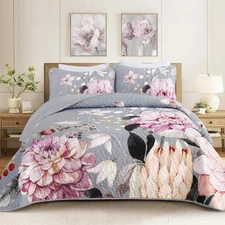 Floral Quilt Queen Size - 3 Pieces Grey Quilt Botanical Bedspread Soft Lightw...
