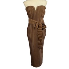 New PrettyLittleThing Chocolate Brown Plisse V Bar Tie Waist Midi Dress Size 4