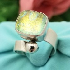 Silver Artisan Iridescent Glass Bypass Ring-Sterling-Handcrafted-Wide-UNISEX