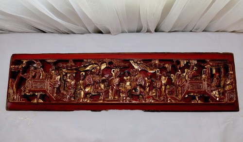Qing Chinese Hand Carved Red Gold-Gilt High Relief Heavy Wood Temple Scene Panel - Picture 9 of 14