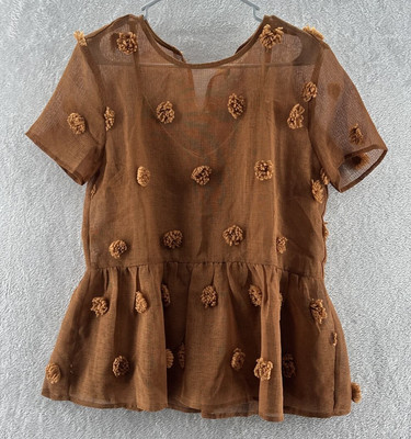 Entro Blouse Womens Sz Small Burnt Orange Pom Pom Top Short Sleeve