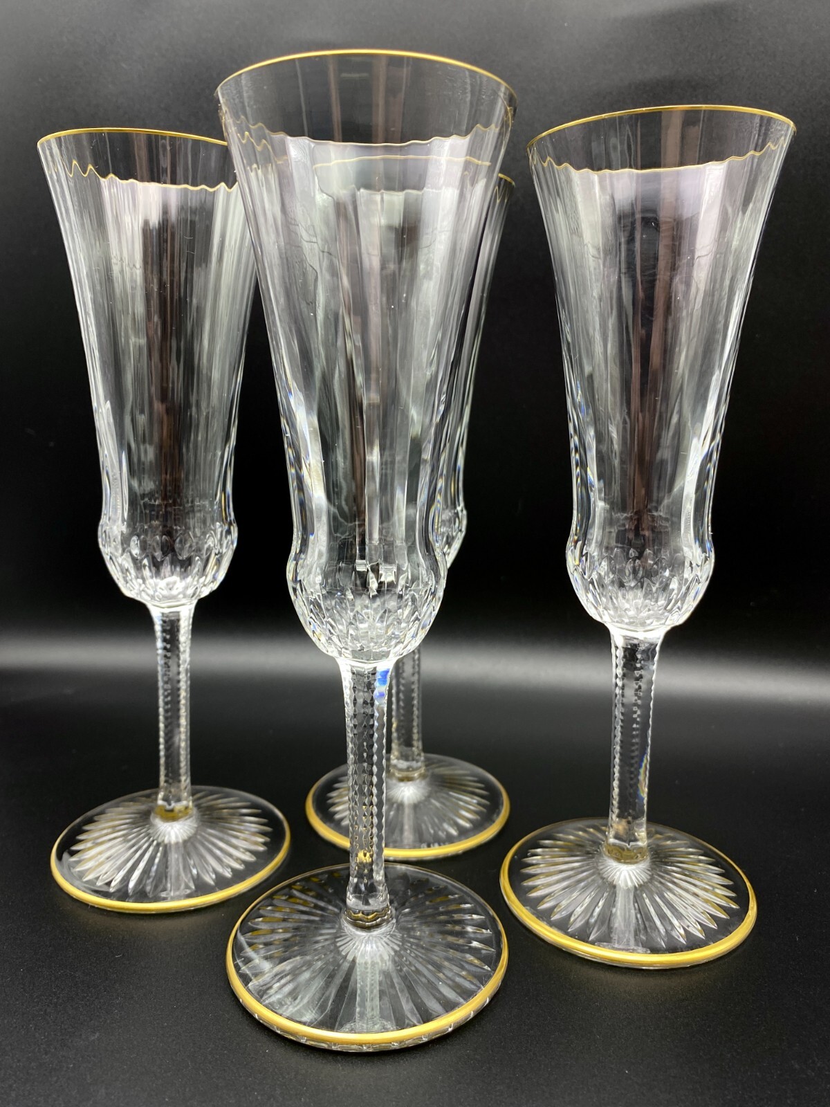 St Louis Apollo Gold 7 3/8" Fluted Champagne Glasses from France: Lot of 4