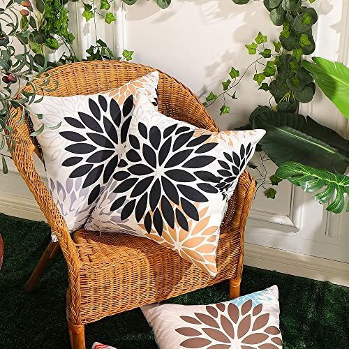 Black Brown Outdoor Pillow Covers 18x18 Inch Set of 2 White Gray Flower Throw... - Picture 2 of 7