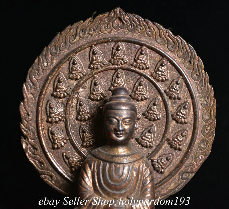 11.8" Antiguo Tíbet Bronce Dorado Asiento Budismo Gurú Buda Retroiluminación Estatua Foto 2 de 4