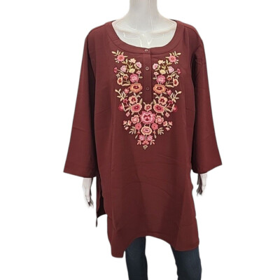 Linea by Louis Dell'Olio Crepe Gauze Top w Embroidery 3X Plus Sz Wine Tee Shirt