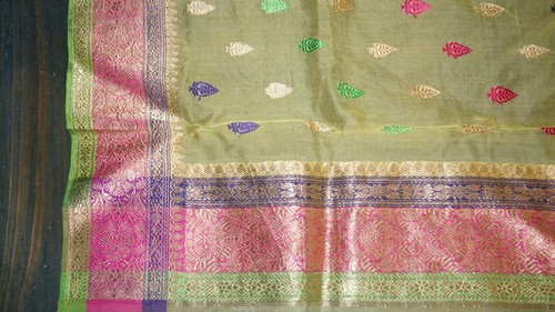 Vintage Yellow Chiffon Brocade Boarder Saree Sari 5+ Yards Fabric 44" Wide Sheer - Picture 3 of 5