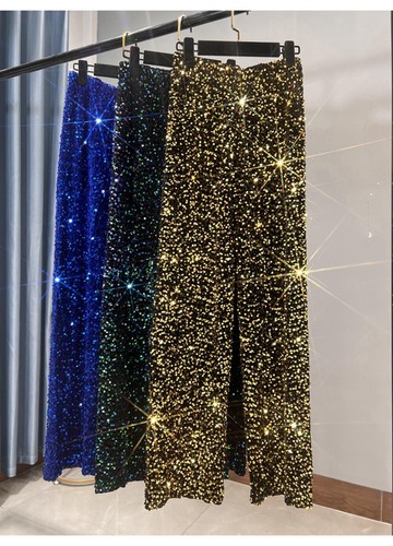 Mujeres Pantalones Finos Terciopelo Brillante Lentejuelas Pierna Recta Cálidos Pantalones de Piernas Anchas- - Imagen 2 de 30