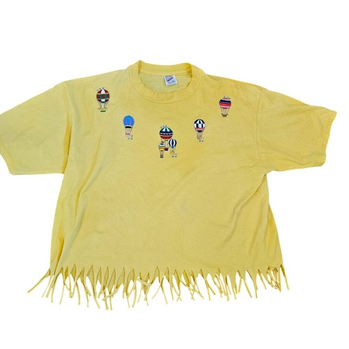 Vintage 90s Womens XL Tshirt Fringe Yellow Patch Hot Air Balloon Embellished Top - Picture 3 of 12