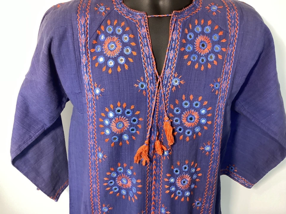 Vestido boho hippie vintage años 70 índigo espejado caftán Foto 4 de 4