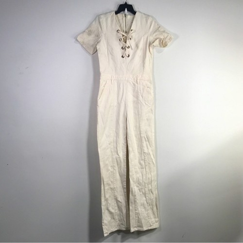 FRAME kurzärmliger Denim-Overall mit Schnürung vorne, Damen Größe M - weiß
