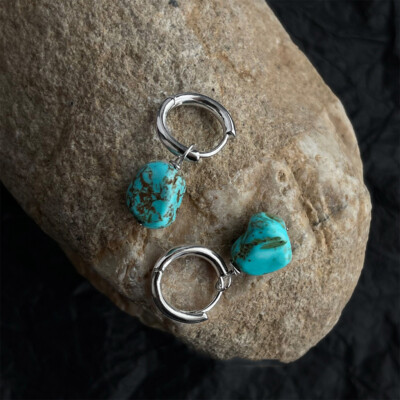 Dainty Tibetan Raw Turquoise Energy Stone Huggie Hoop Dangle