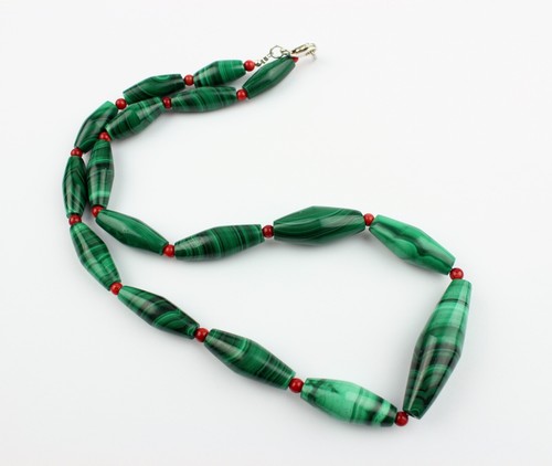 Gorgeous Malachite Chain with Coral Special Shape Green Red Necklace Ca. 58 CM - Picture 3 of 6