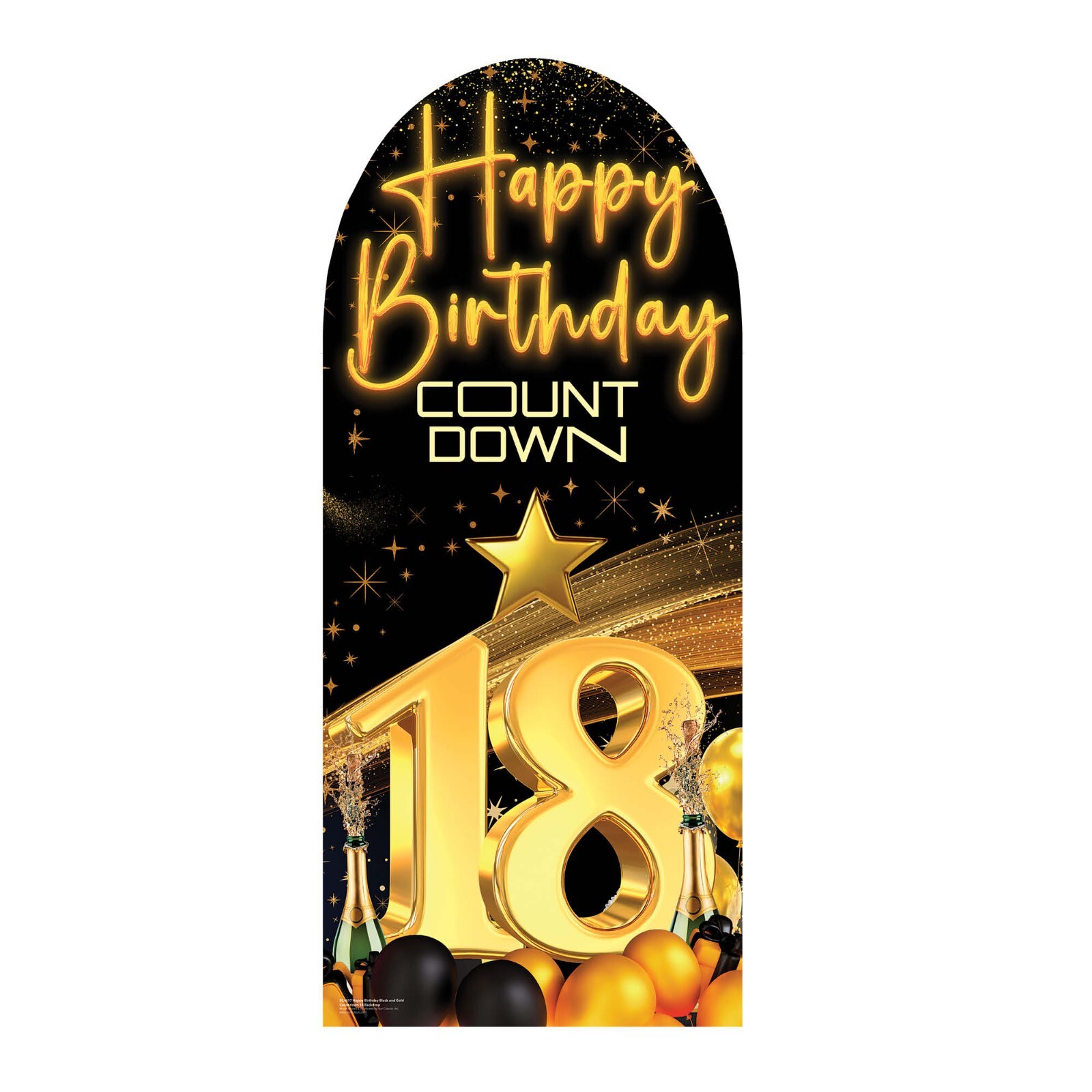 Happy 18th Birthday Gold and Black Cardboard Backdrop Party Standee 185cm x 80cm