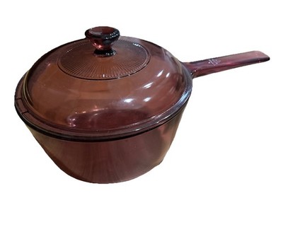VTG Vision Corning Ware Cranberry Glass 1.5 L Sauce Pan Pot Pyrex Lid V 1.5 C