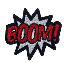 BOOM! - RED/BLACK/SILVER - Embroidered Iron-On/Sew-On Patch