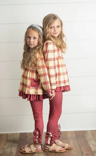 Autumn Charm Gingham Outfit Girls Fall Set Ruffle Top & Leggings size 7/8 - Picture 4 of 16