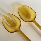 Vtg Mid Century Modern Amber Acrylic Lucite & Teak Wood Brass Salad Servers Set — photo 3