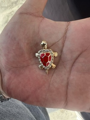 Red Lucky Turtle Charm Pendant  Gold Plated Stainless Steel