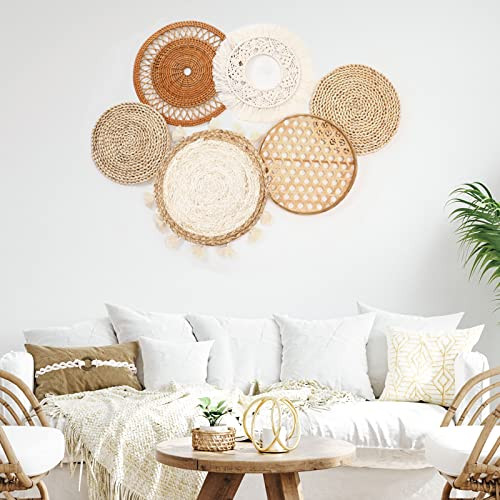 Boho Wall Baskets Decor Set of 6 Flat Woven Basket Wall Hanging Decor Round - Picture 7 of 7