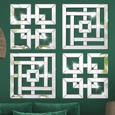 4 Pcs Silver Mirrors Wall Decor 1.2 Inch Thick Wall Mount Decorative Square