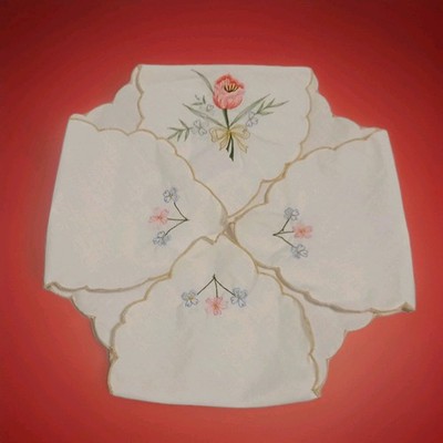 Vintage Floral Bread Basket Liner Hand Embroidered Appliqué Linen Cottagecore