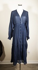 Navy Blue & White Floral Print Long Sleeve Casual Career Vintage Style Dress