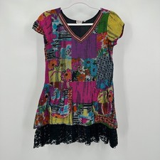 Womens Maximalist Boho Mini Dress Tunic Top SIze S Festival Artsy Hippy Colorful