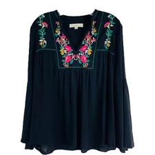 Loft black pink floral embroidered boho top large
