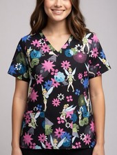 Disney Women  s Black Floral Tinker Bell Scrub Top Size XS