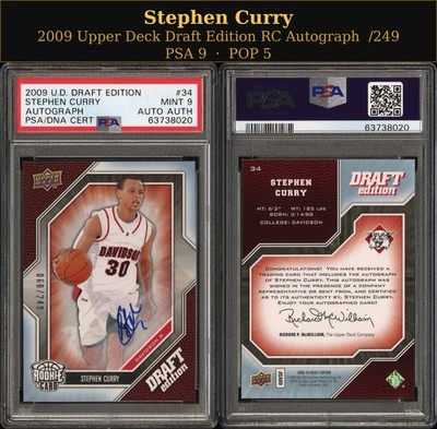 2009 Upper Deck UD Edition Stephen Curry Rookie Card RC Auto /249 PSA 9 POP 5