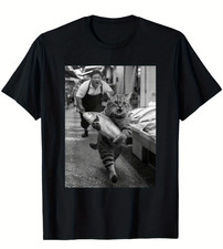 Funny Cat Steals Fish Market Black  White Meme T-Shirt 100 Cotton, Made in US