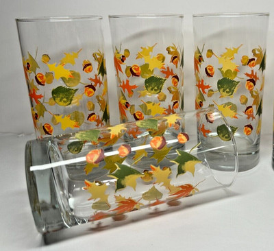 Set 4 LIBBEY CRISA GLASSES VINTAGE AUTUMN LEAVES ACORNS WATER TEA TUMBLERS