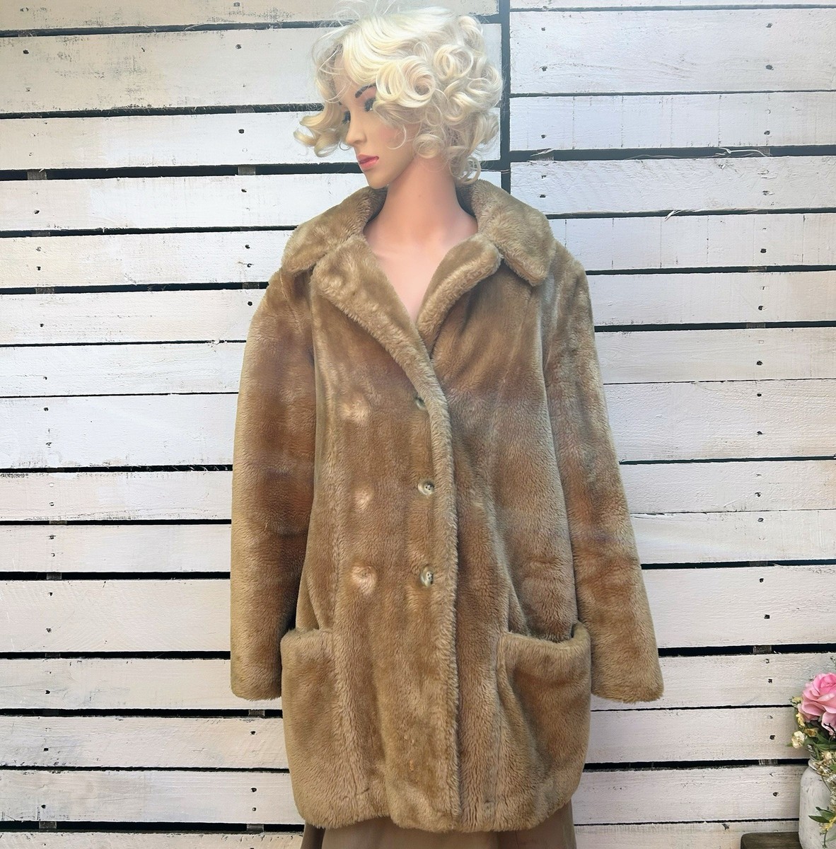 Vintage 60s WHITE STAG Faux Fur Coat Vtg 1960s Jacket Vegan Huge