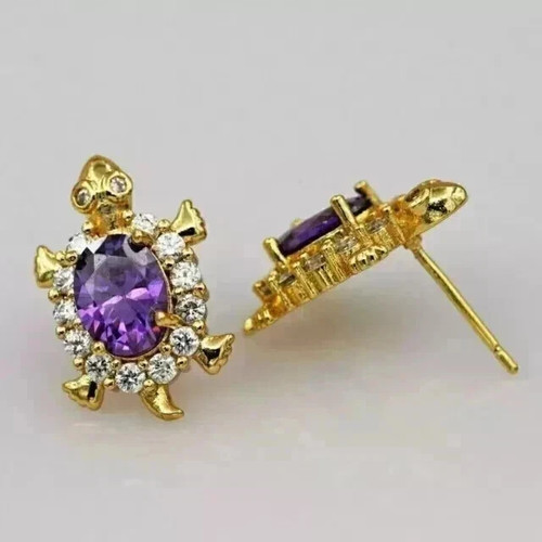 2.00Ct Oval Cut Lab Created Amethyst Turtle Stud Earring 14K Yellow Gold Plated - Picture 7 of 8