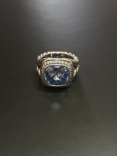 David Yurman 925 Sterling 14mm Blue Topaz & Diamond Ring Sz 7